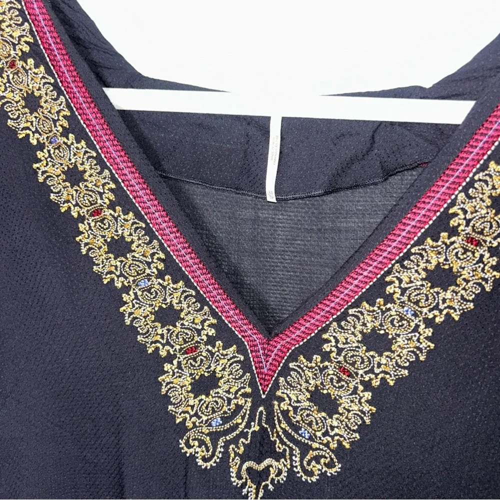 Free People Wild One Embroidered Mini Dress Long Sleeve V-Neck Black Sz XS Boho